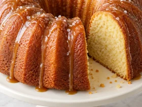 Golden Kentucky butter Bundt cake with a slice removed, a light salted caramel drizzle, and a few salt flakes