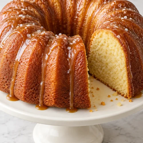 Golden Kentucky butter Bundt cake with a slice removed, a light salted caramel drizzle, and a few salt flakes