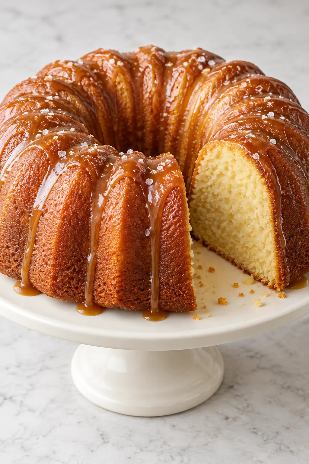 Golden Kentucky butter Bundt cake with a slice removed, a light salted caramel drizzle, and a few salt flakes