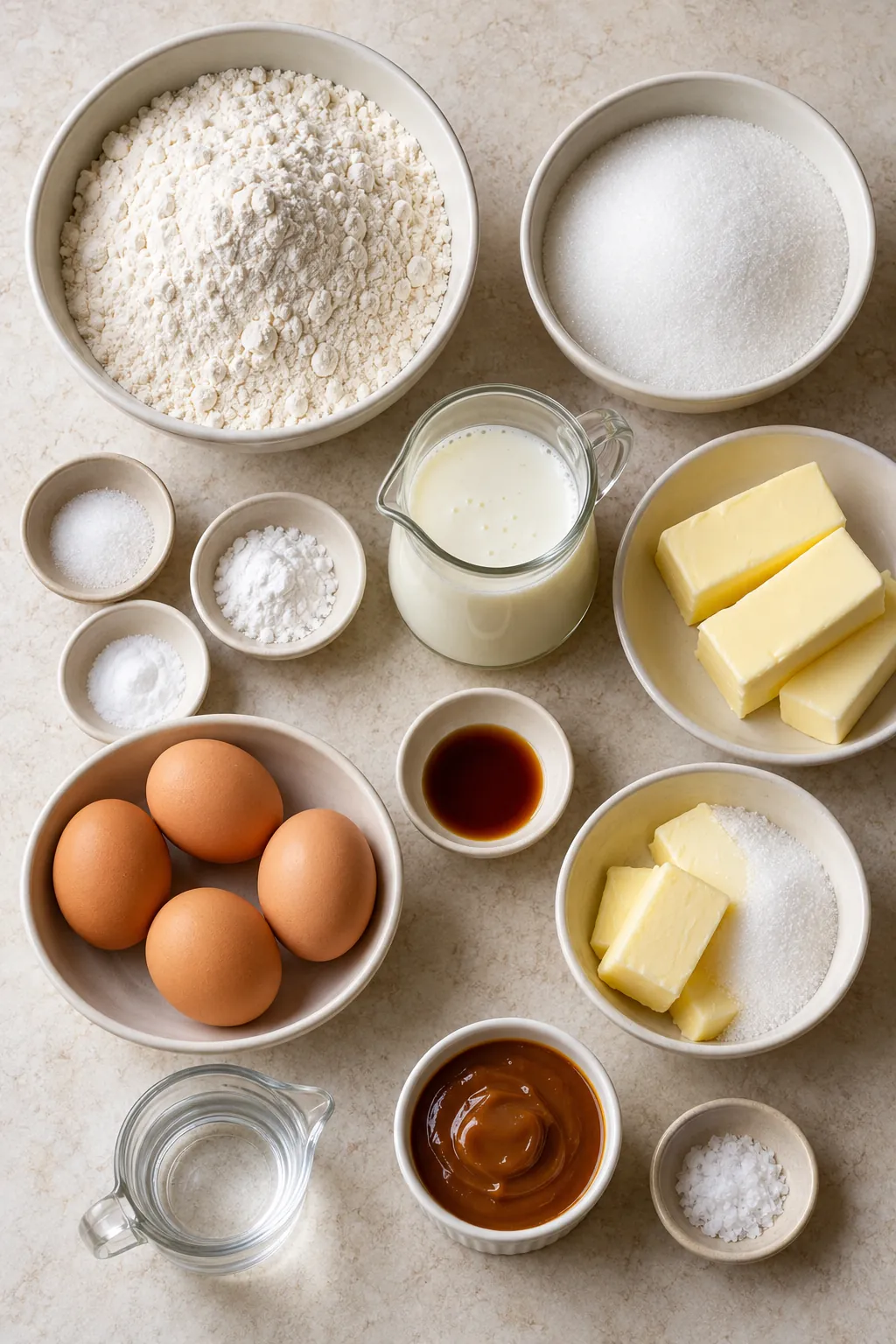 Flour, sugar, salt, leaveners, buttermilk, butter, eggs, vanilla, water, and optional caramel and flaky salt for the Bundt cake
