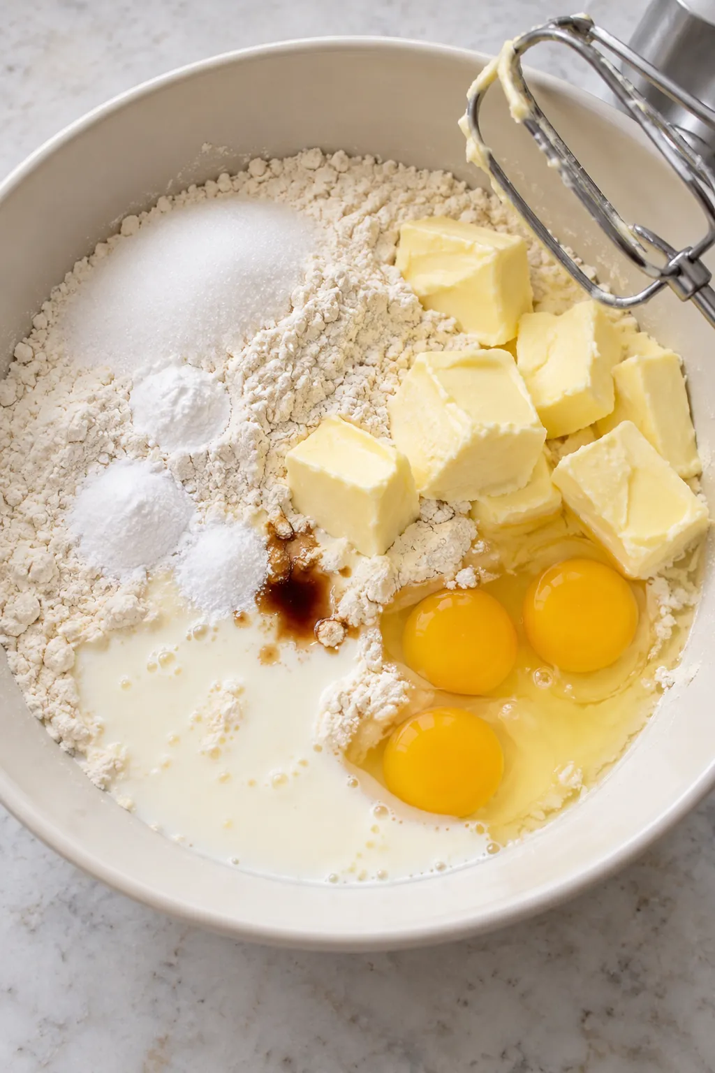 Flour, sugar, butter, eggs, buttermilk, and vanilla in a bowl before mixing the Bundt cake batter