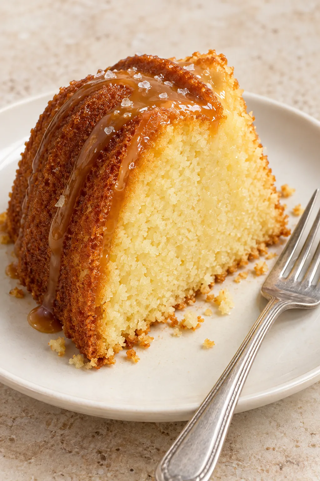 Slice of tender Kentucky butter Bundt cake with an optional salted caramel drizzle and a few salt flakes