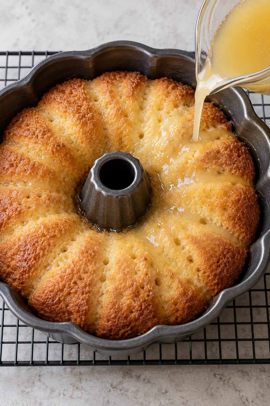 Warm vanilla butter sauce poured over the hot Bundt cake while it is still in the pan