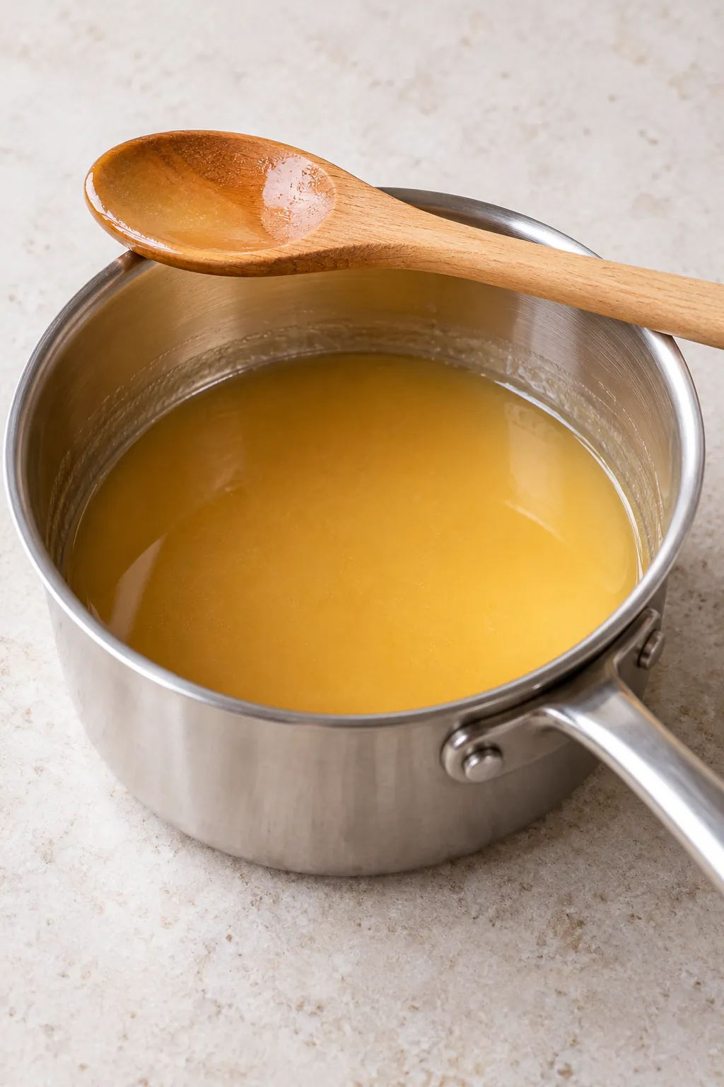 Smooth warm vanilla butter sauce in a saucepan for soaking the Kentucky butter cake