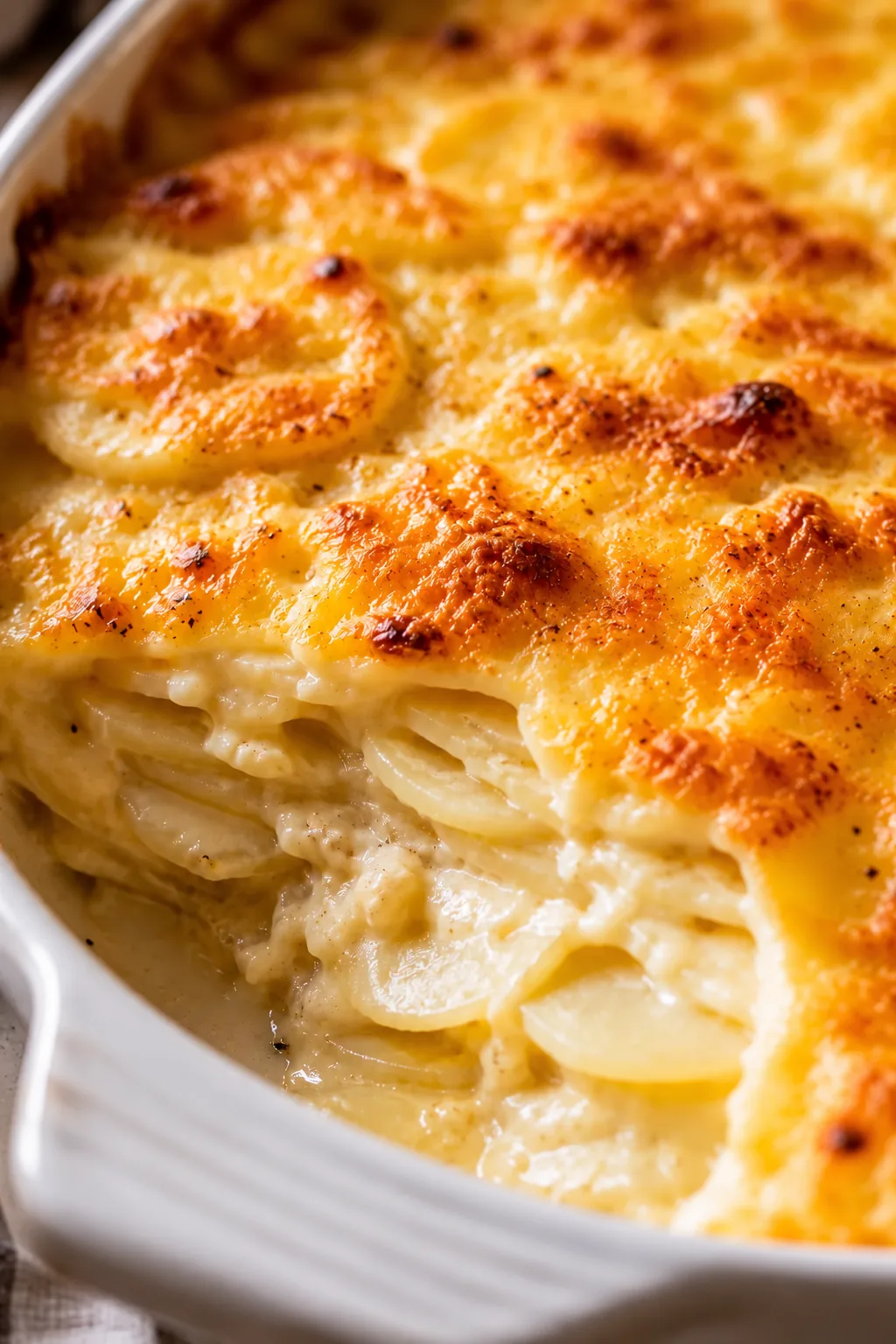 Close view of tender potato layers under browned cheddar sauce