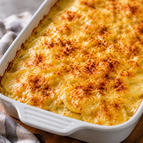 Creamy scalloped potatoes baked with a golden cheddar topping in a white casserole dish