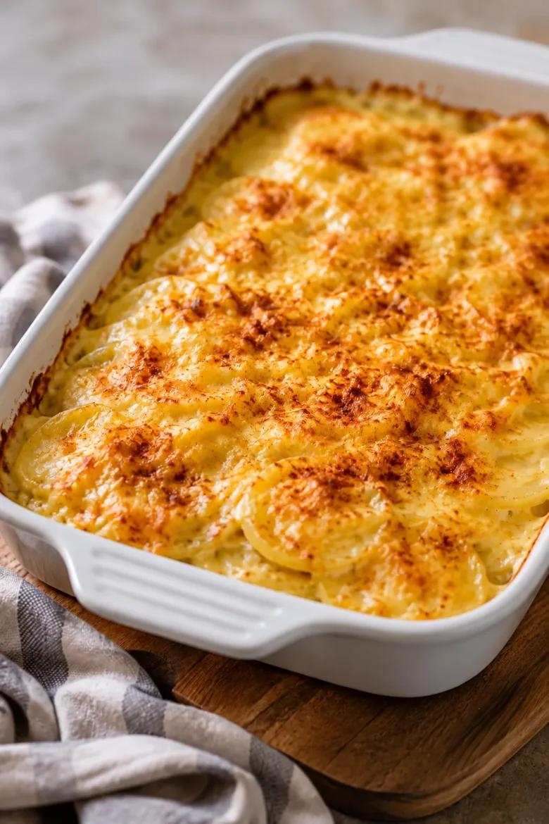 Creamy scalloped potatoes baked with a golden cheddar topping in a white casserole dish