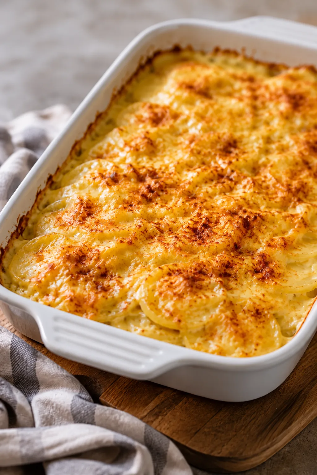Creamy scalloped potatoes baked with a golden cheddar topping in a white casserole dish