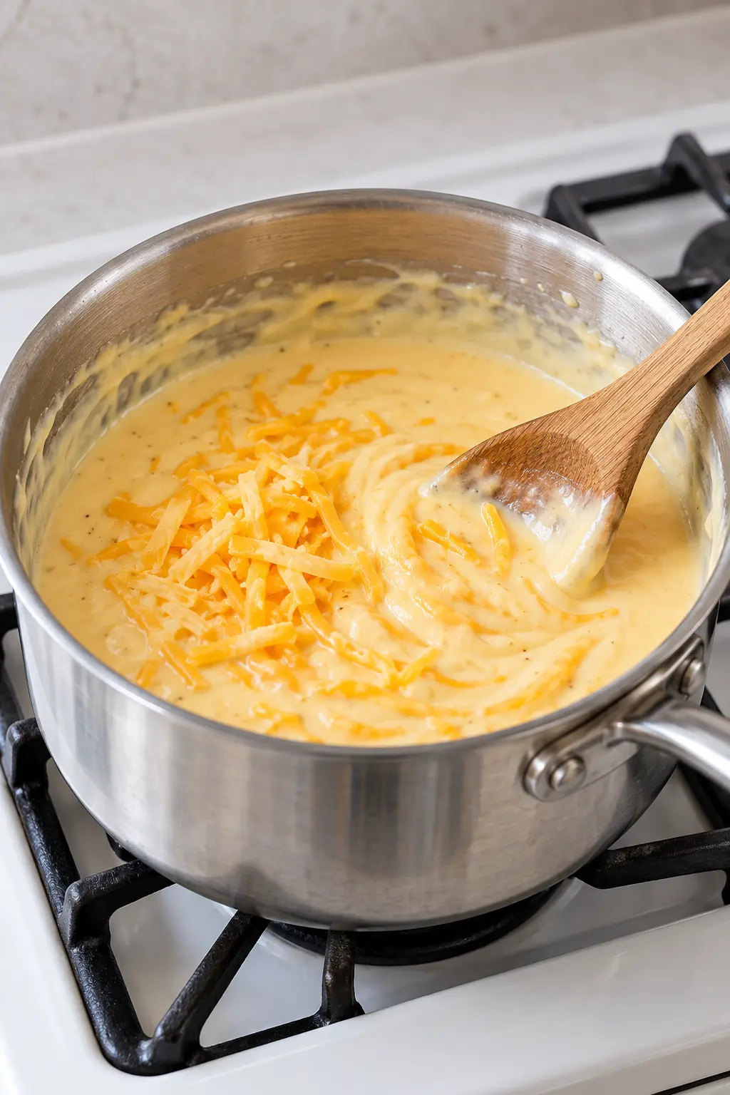 Shredded cheddar melting into the sauce for scalloped potatoes