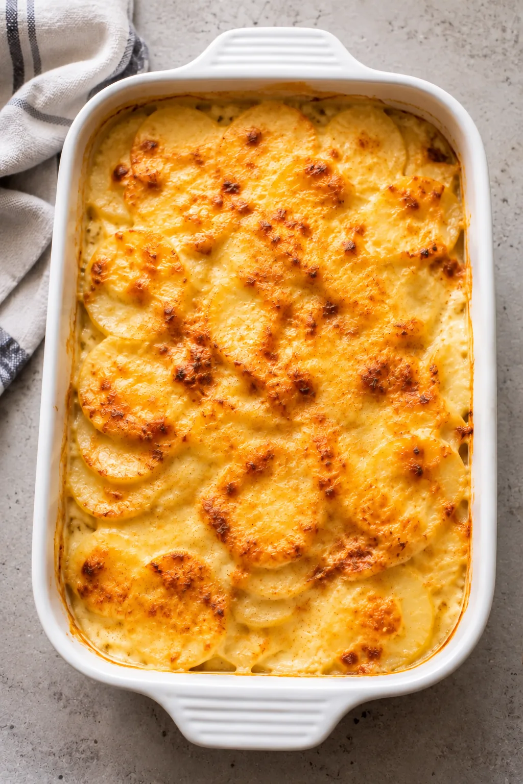 Golden cheesy scalloped potatoes in a white casserole dish viewed from above