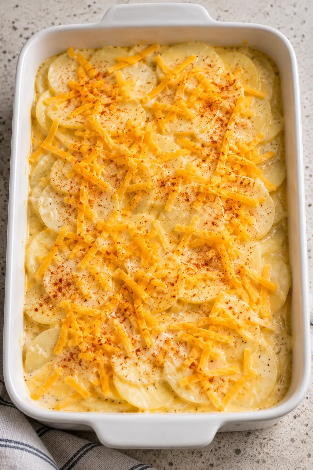 Assembled scalloped potatoes with cheddar and paprika before baking