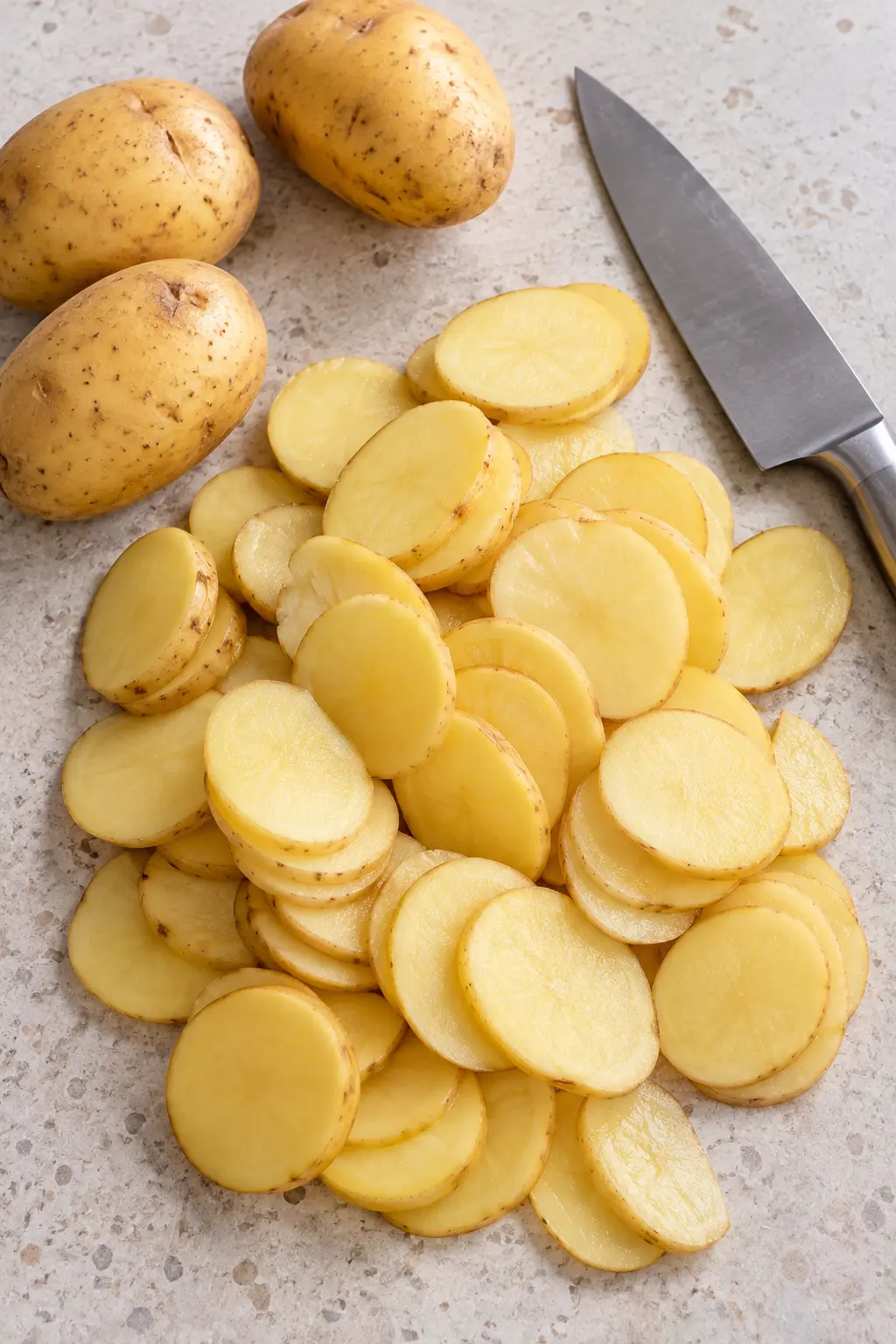 Thinly sliced Yukon Gold potatoes beside a kitchen knife