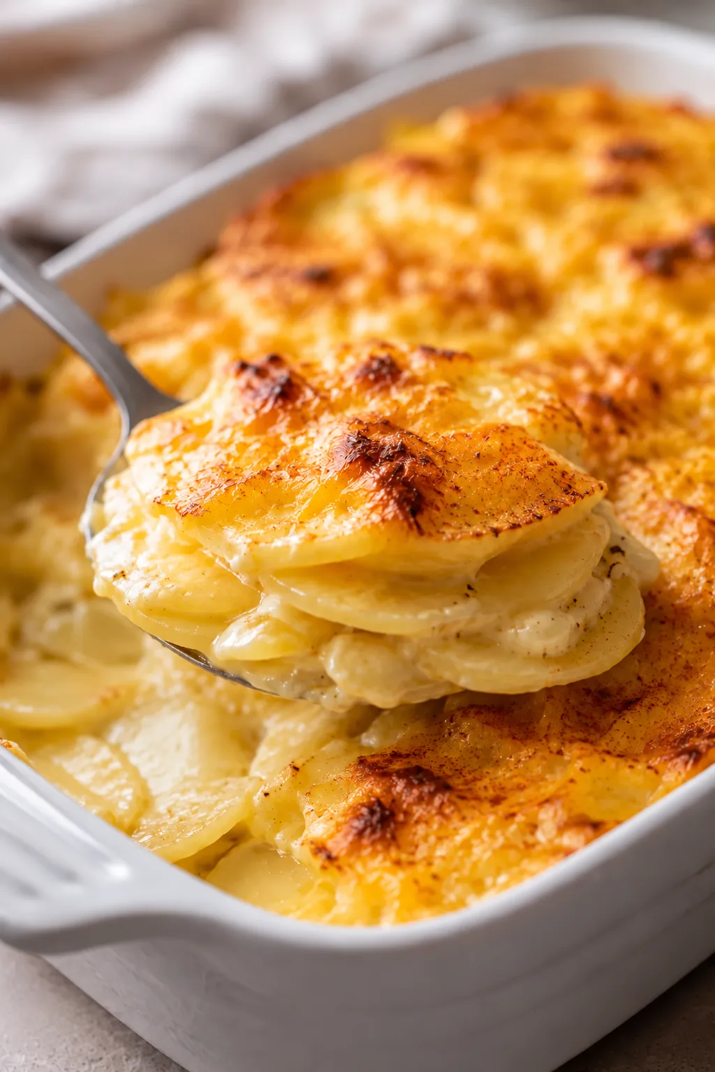 Spoon lifting layered cheesy scalloped potatoes from the baking dish