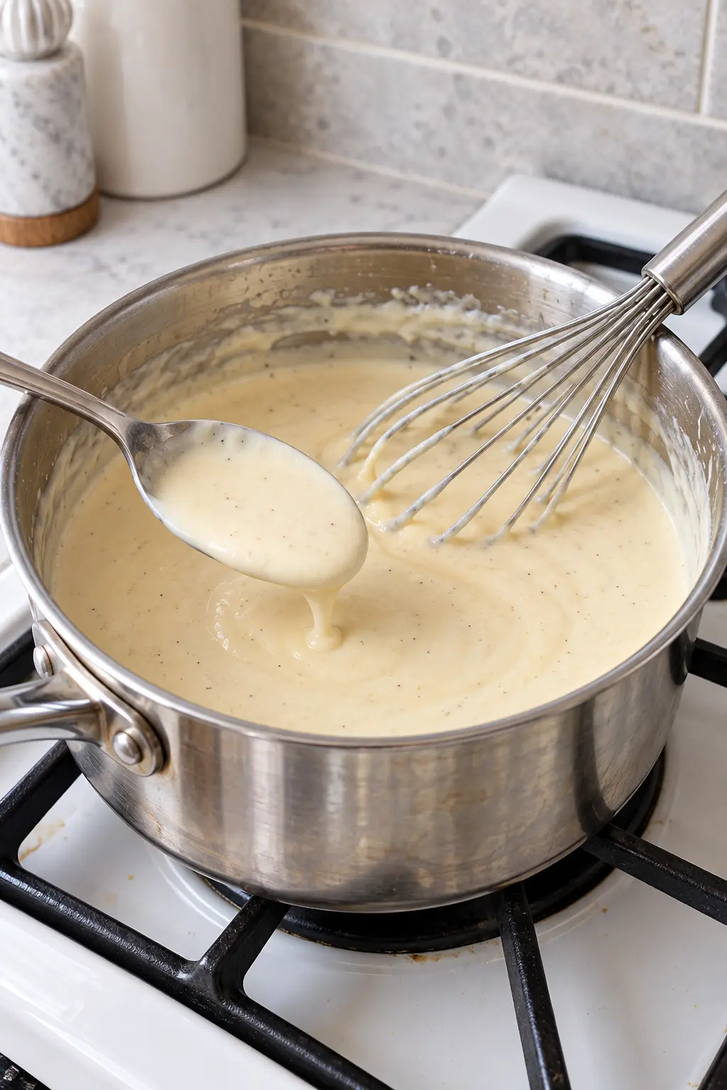 Smooth thickened milk sauce in a saucepan for scalloped potatoes
