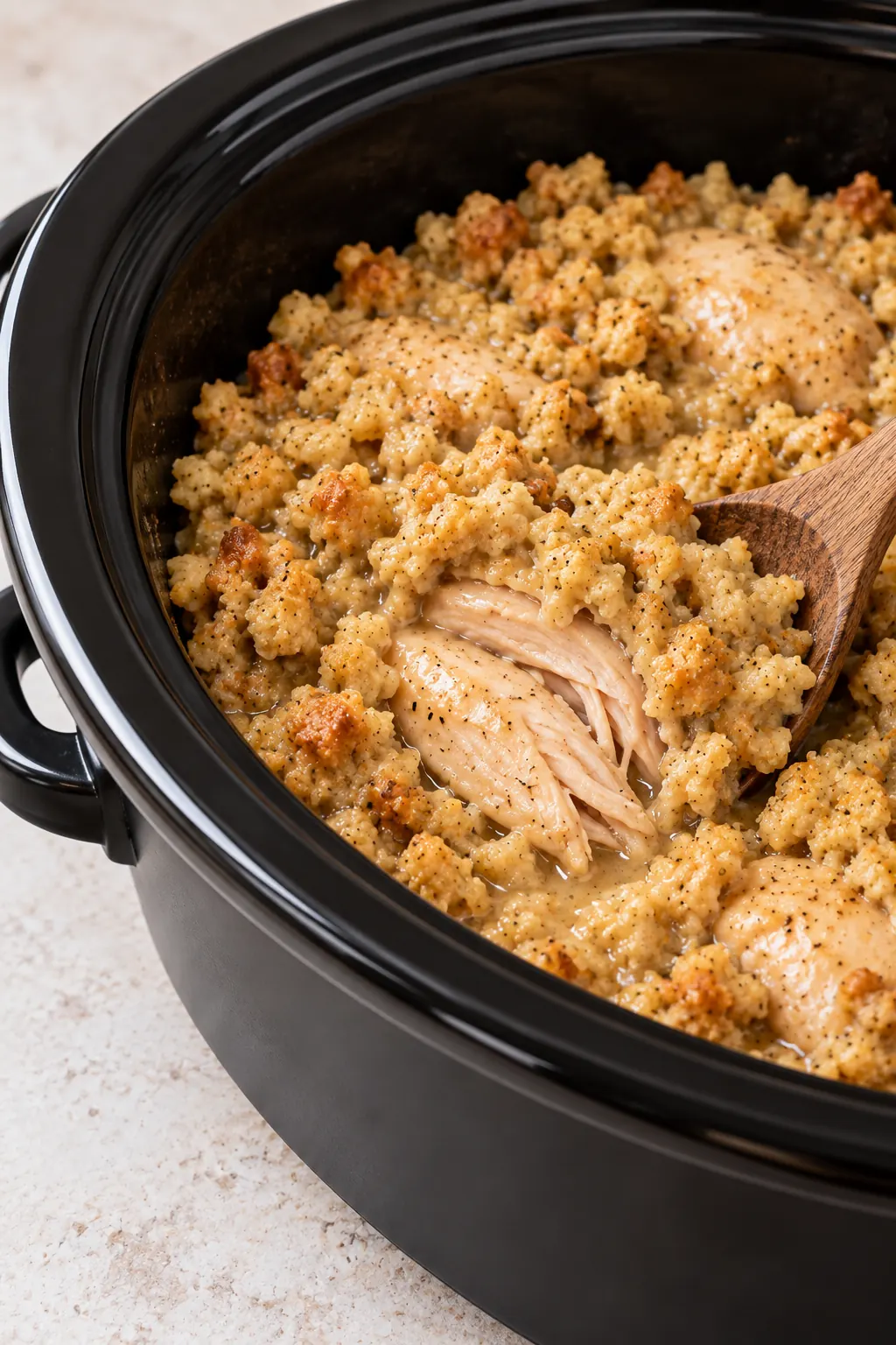 Tender cooked chicken thigh revealed beneath creamy seasoned stuffing in a slow cooker