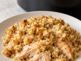A serving of slow cooker chicken thighs and seasoned stuffing on an ivory plate