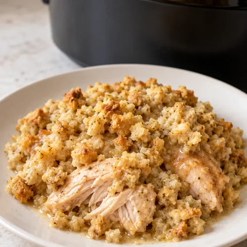 A serving of slow cooker chicken thighs and seasoned stuffing on an ivory plate