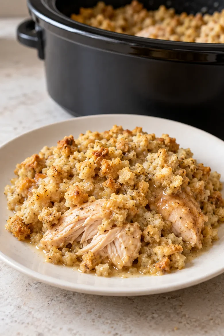 A serving of slow cooker chicken thighs and seasoned stuffing on an ivory plate
