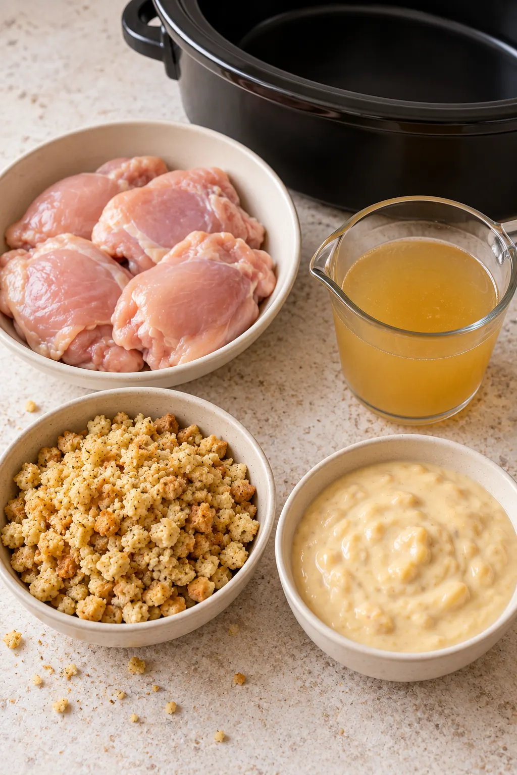 Chicken thighs, chicken broth, seasoned stuffing mix, and cream of chicken soup arranged in four bowls
