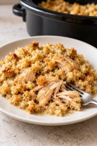 Tender chicken and creamy stuffing on an ivory plate with a fork