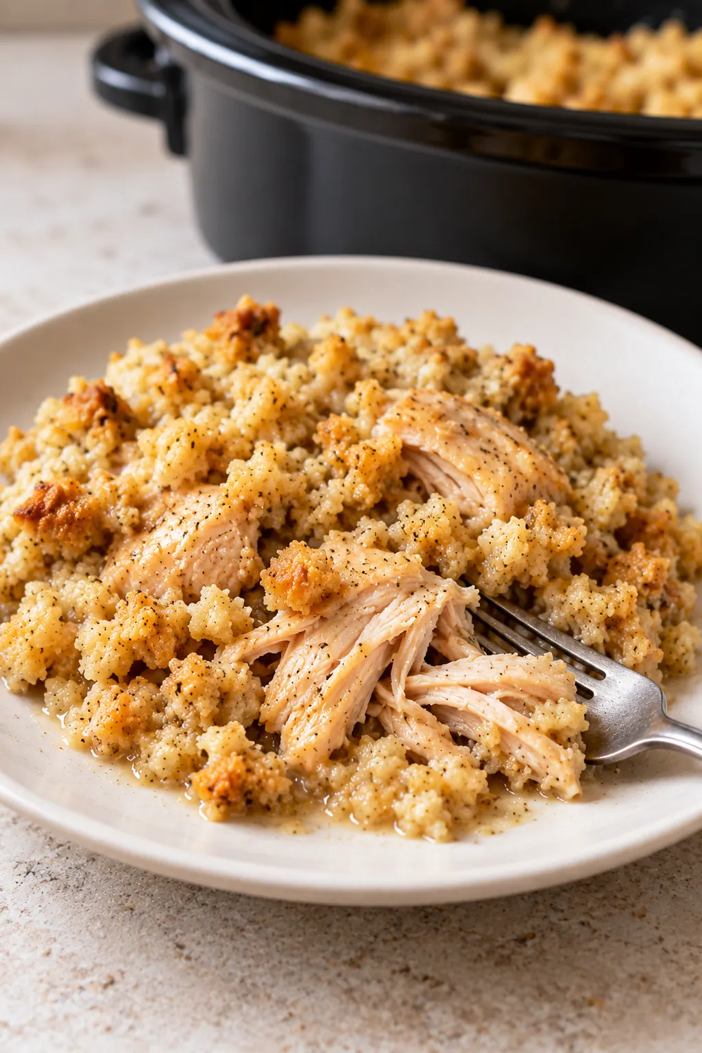 Tender chicken and creamy stuffing on an ivory plate with a fork