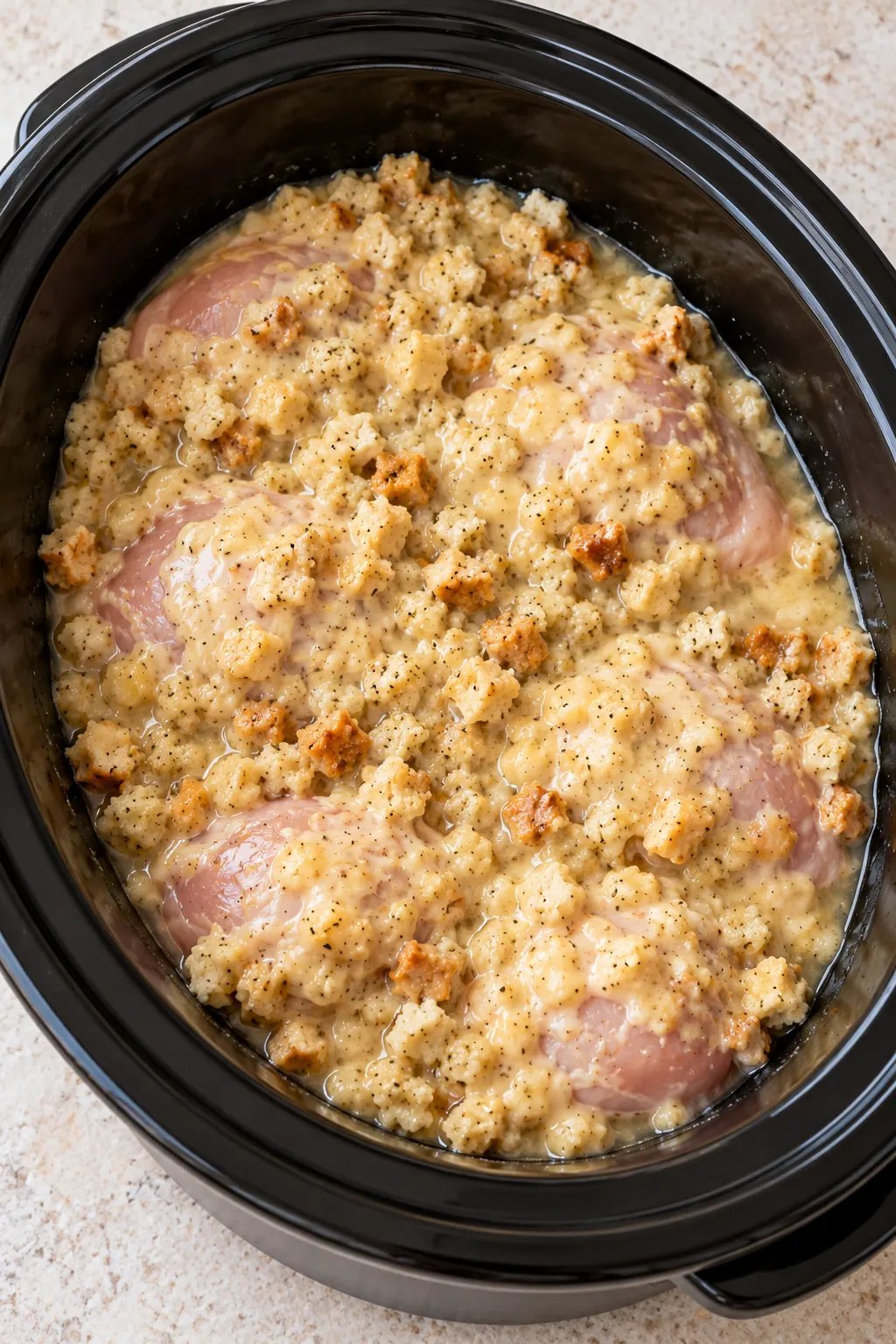 Creamy stuffing mixture spread over uncooked chicken thighs in a black slow cooker