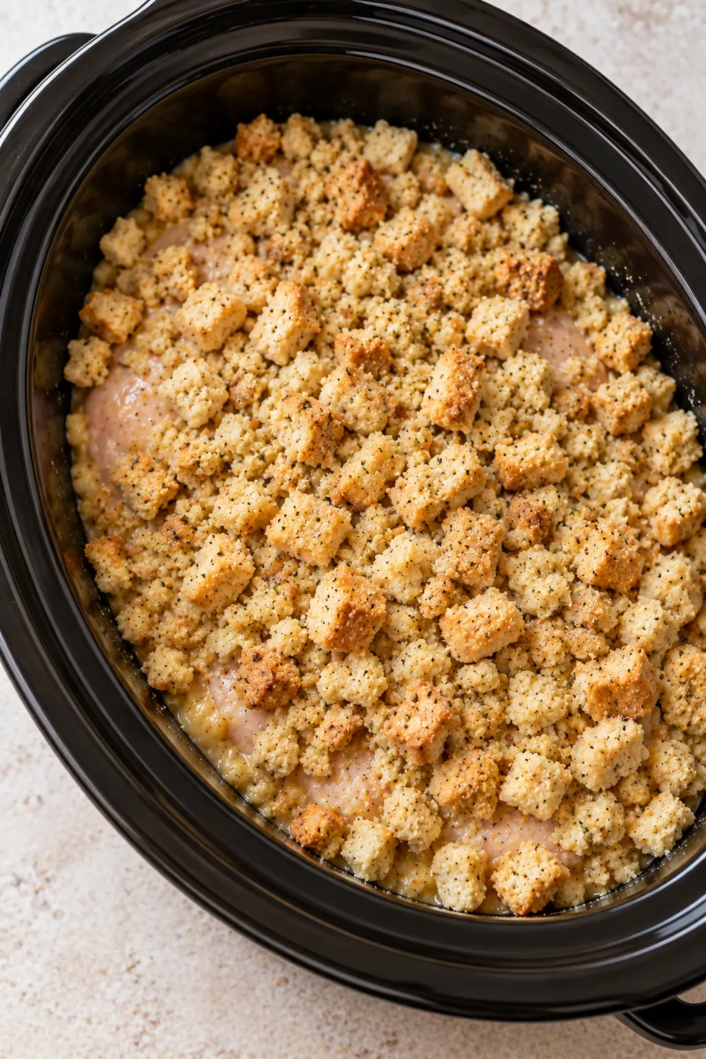 Dry seasoned stuffing cubes covering the creamy chicken mixture in a slow cooker