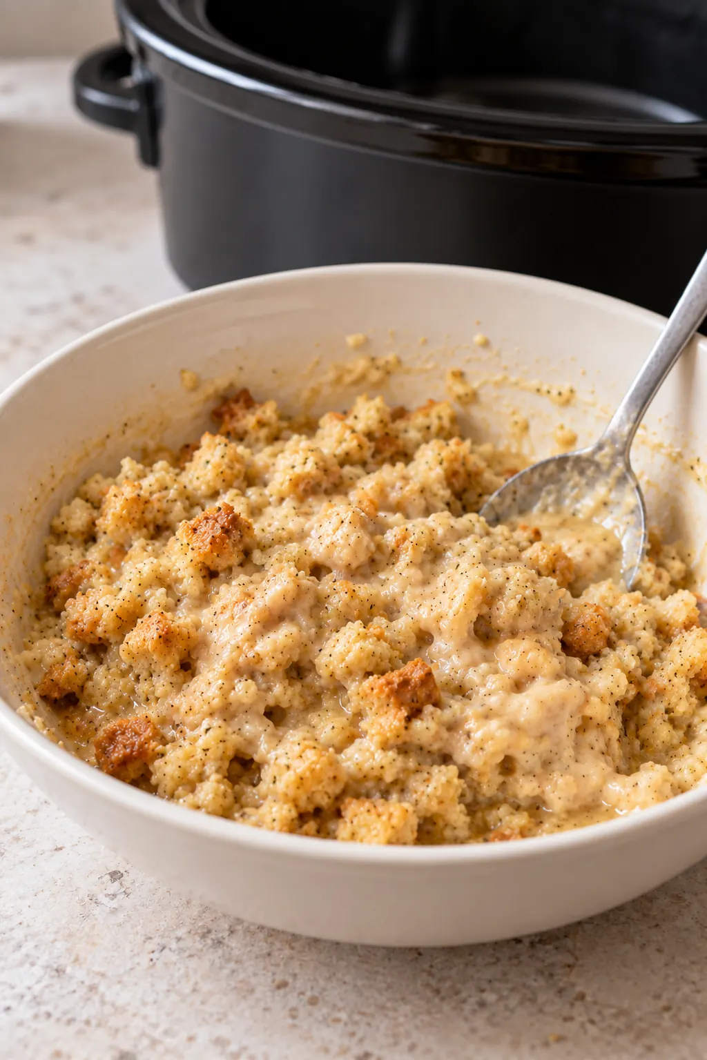 Seasoned stuffing stirred with chicken broth and cream of chicken soup in a mixing bowl