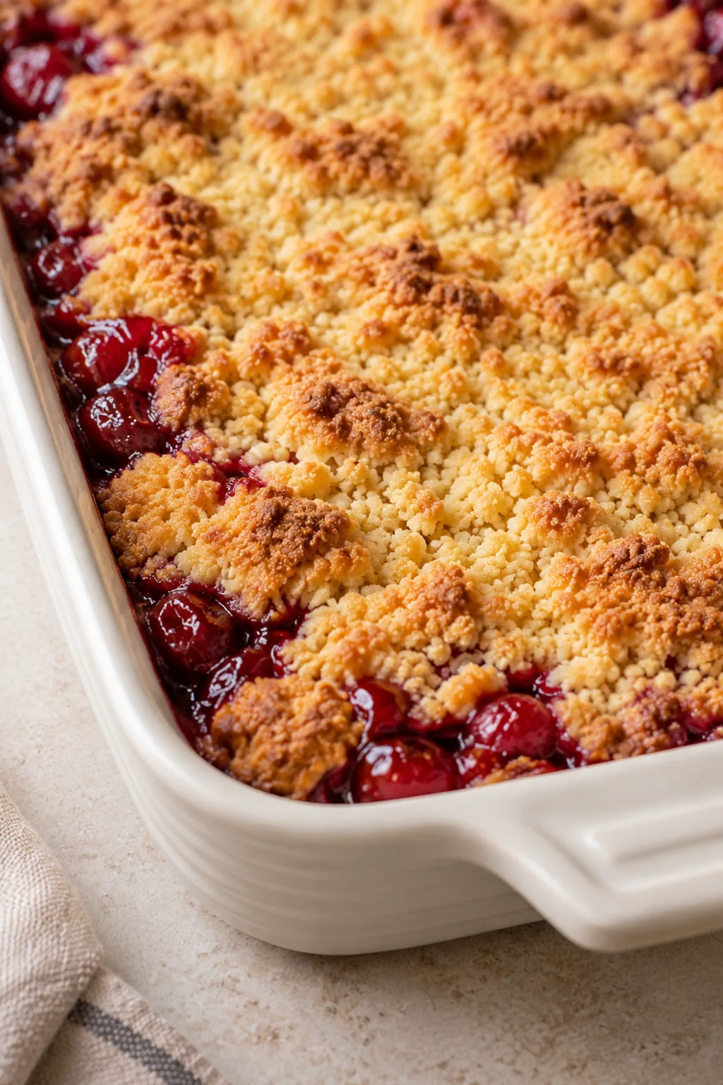 Close view of buttery golden cake-mix crust with cherry filling at the edge