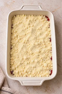 Dry yellow cake mix spread over the cherry filling before adding butter