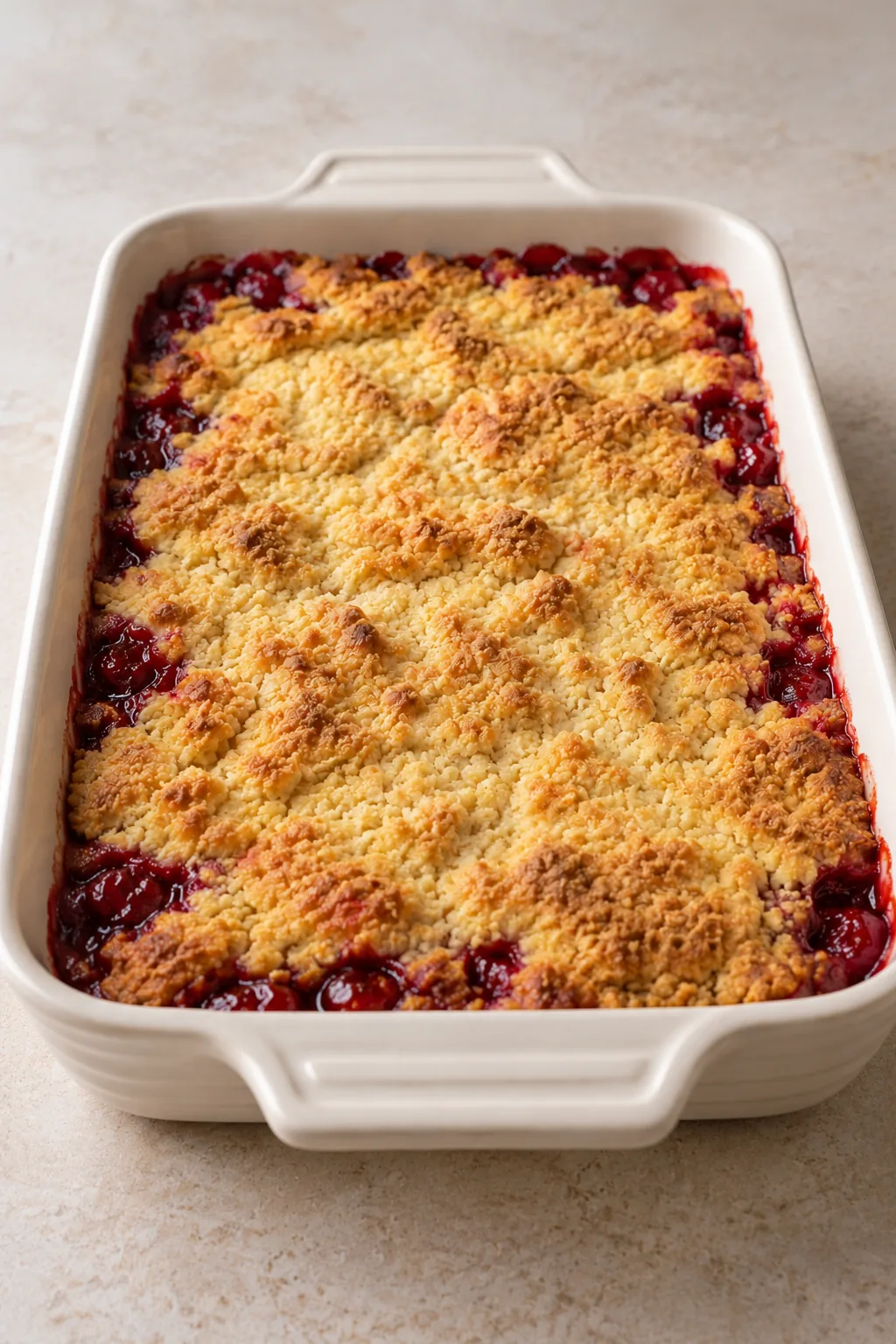 Uncut cherry dessert with lightly browned edges in a rectangular baking dish
