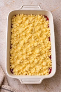 Cake-mix topping moistened with melted butter before the cherry dessert is baked