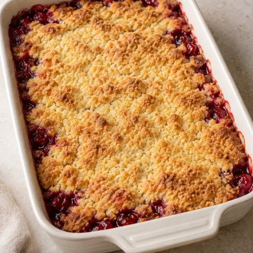 Whole cherry dessert with a golden cake-mix topping in an ivory baking dish