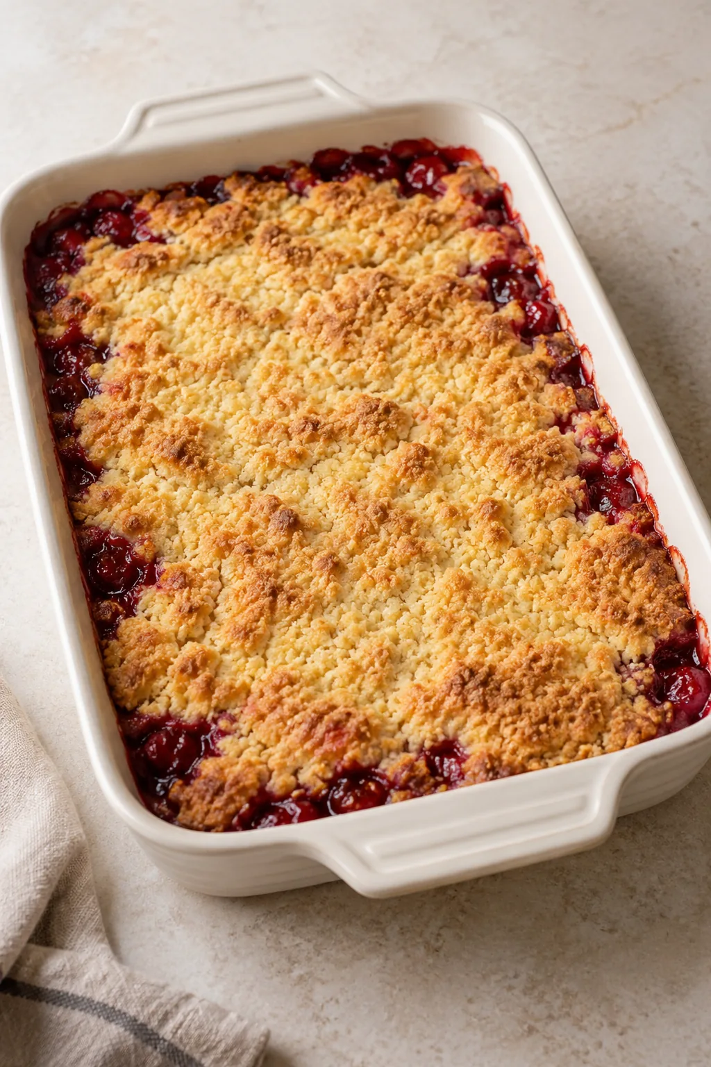 Whole cherry dessert with a golden cake-mix topping in an ivory baking dish
