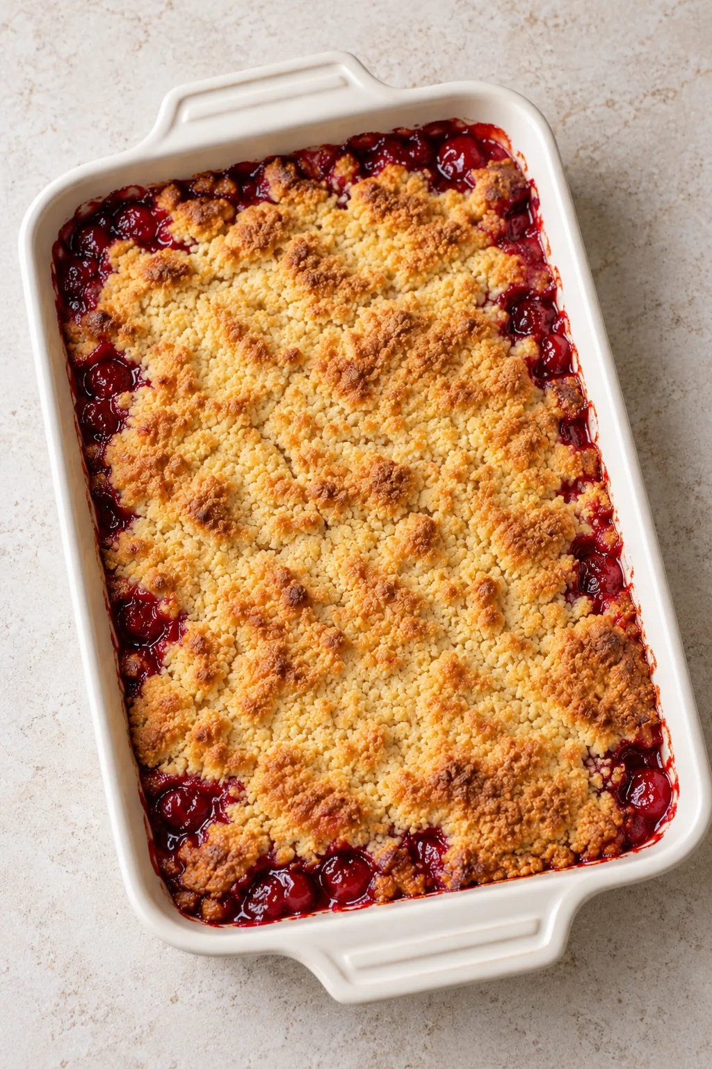 Overhead view of the whole baked cherry dessert and its golden topping