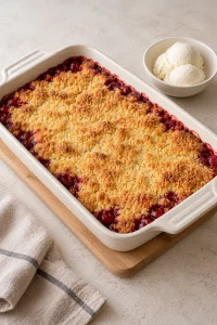 Whole cherry dessert ready to serve beside a small bowl of vanilla ice cream