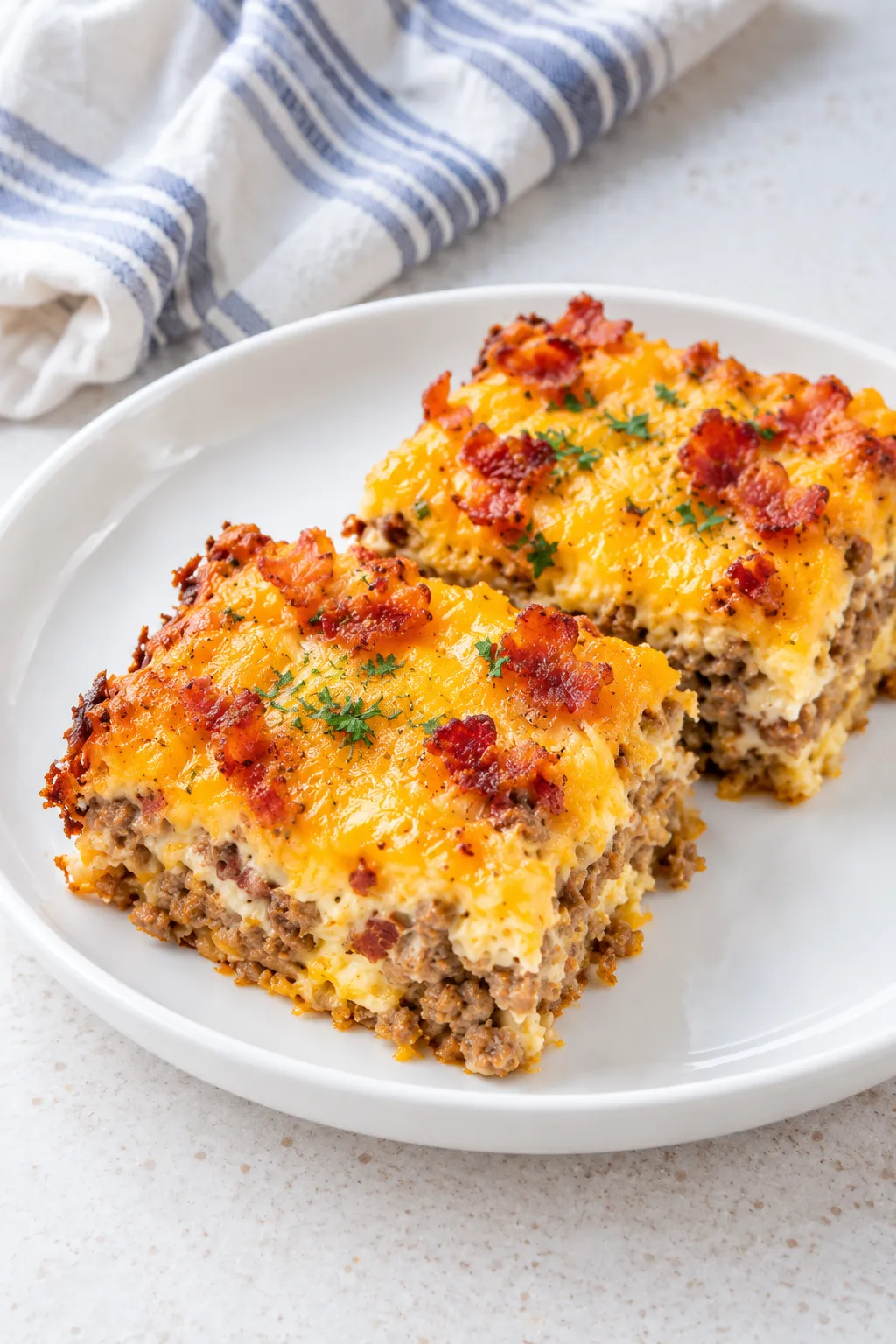 Two plated portions of Low-Carb Bacon Cheeseburger Casserole