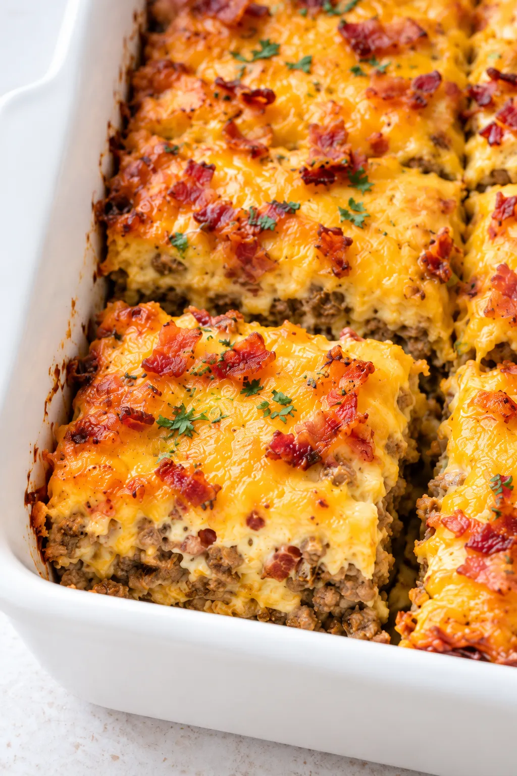Close-up of baked bacon cheeseburger casserole with melted cheddar and beef