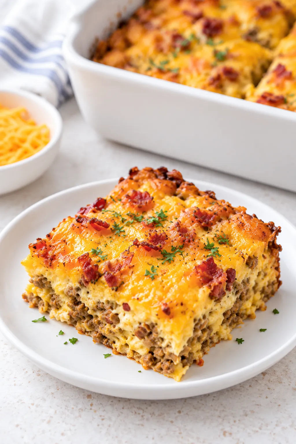 Plated serving of Low-Carb Bacon Cheeseburger Casserole