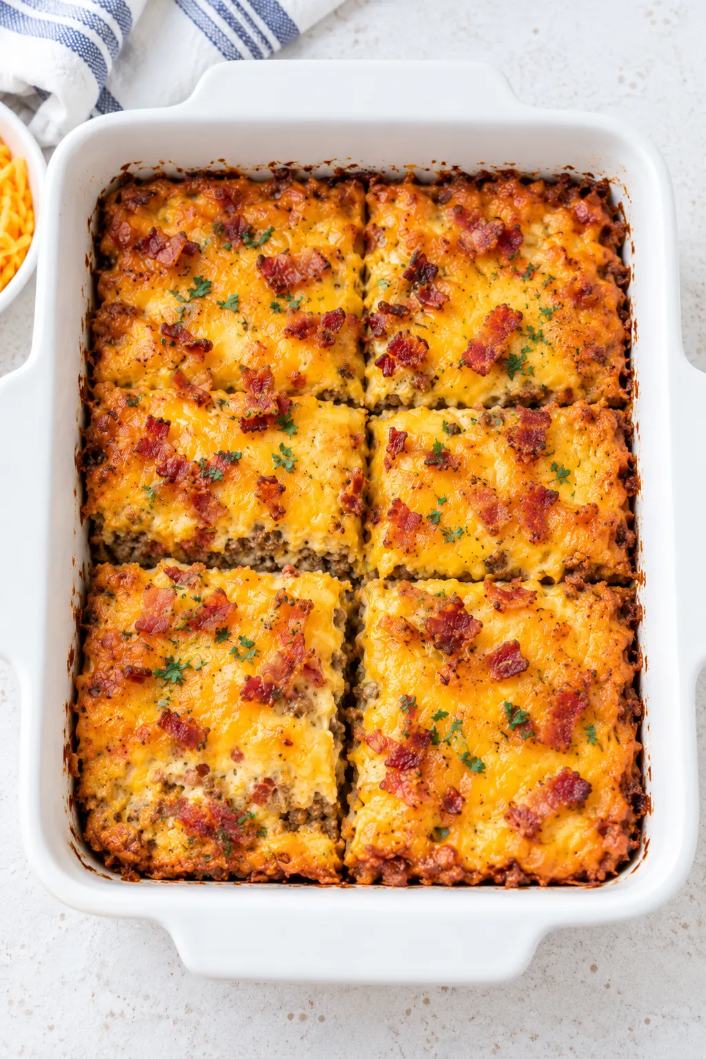 Overhead view of baked Low-Carb Bacon Cheeseburger Casserole cut into squares