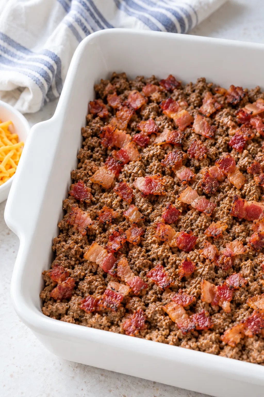 Browned ground beef and cooked bacon layered in a baking dish
