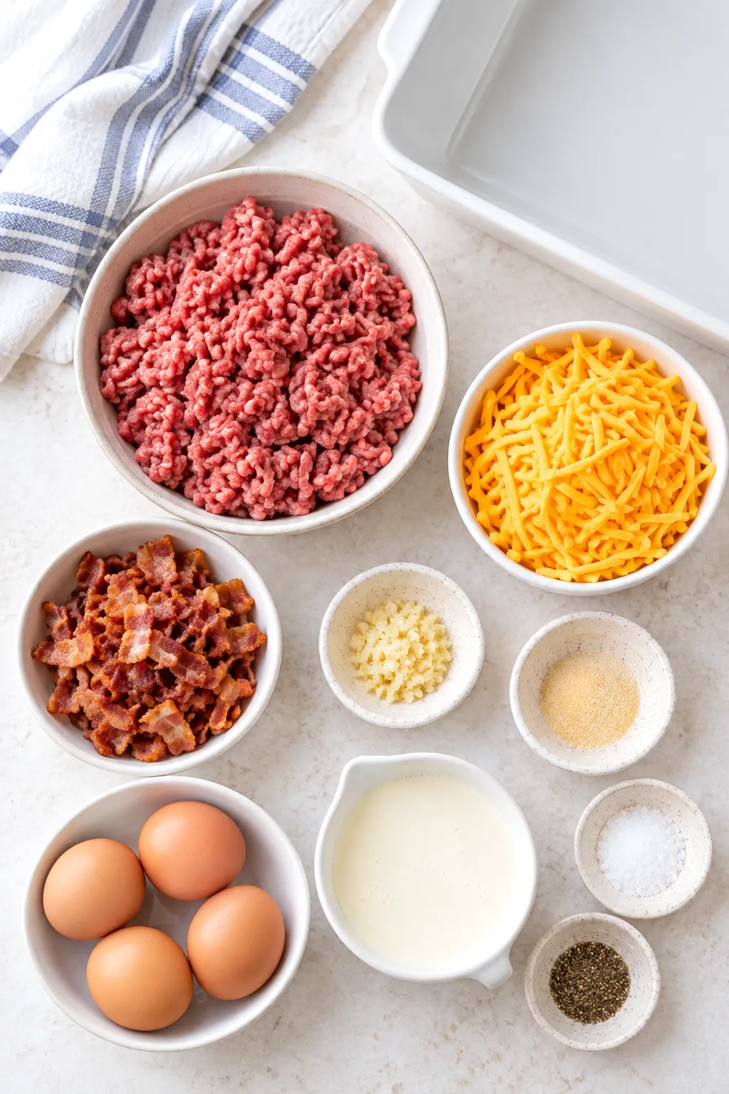 Ingredients for Low-Carb Bacon Cheeseburger Casserole with ground beef, bacon, eggs, cream, cheddar, garlic, and seasonings