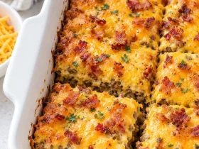 Low-Carb Bacon Cheeseburger Casserole baked with cheddar and bacon