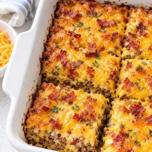 Low-Carb Bacon Cheeseburger Casserole baked with cheddar and bacon