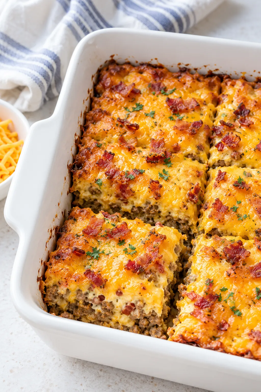 Low-Carb Bacon Cheeseburger Casserole baked with cheddar and bacon