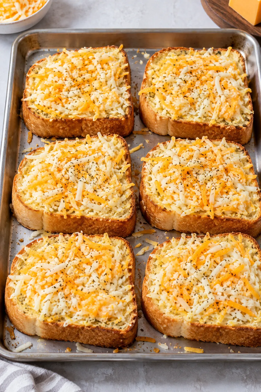 Cheesy Texas toast assembled on a baking sheet before baking