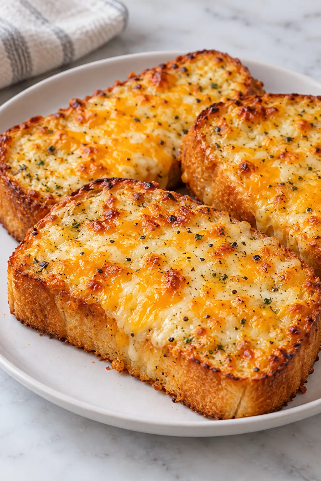 Cheesy Texas toast slices topped with mozzarella and cheddar