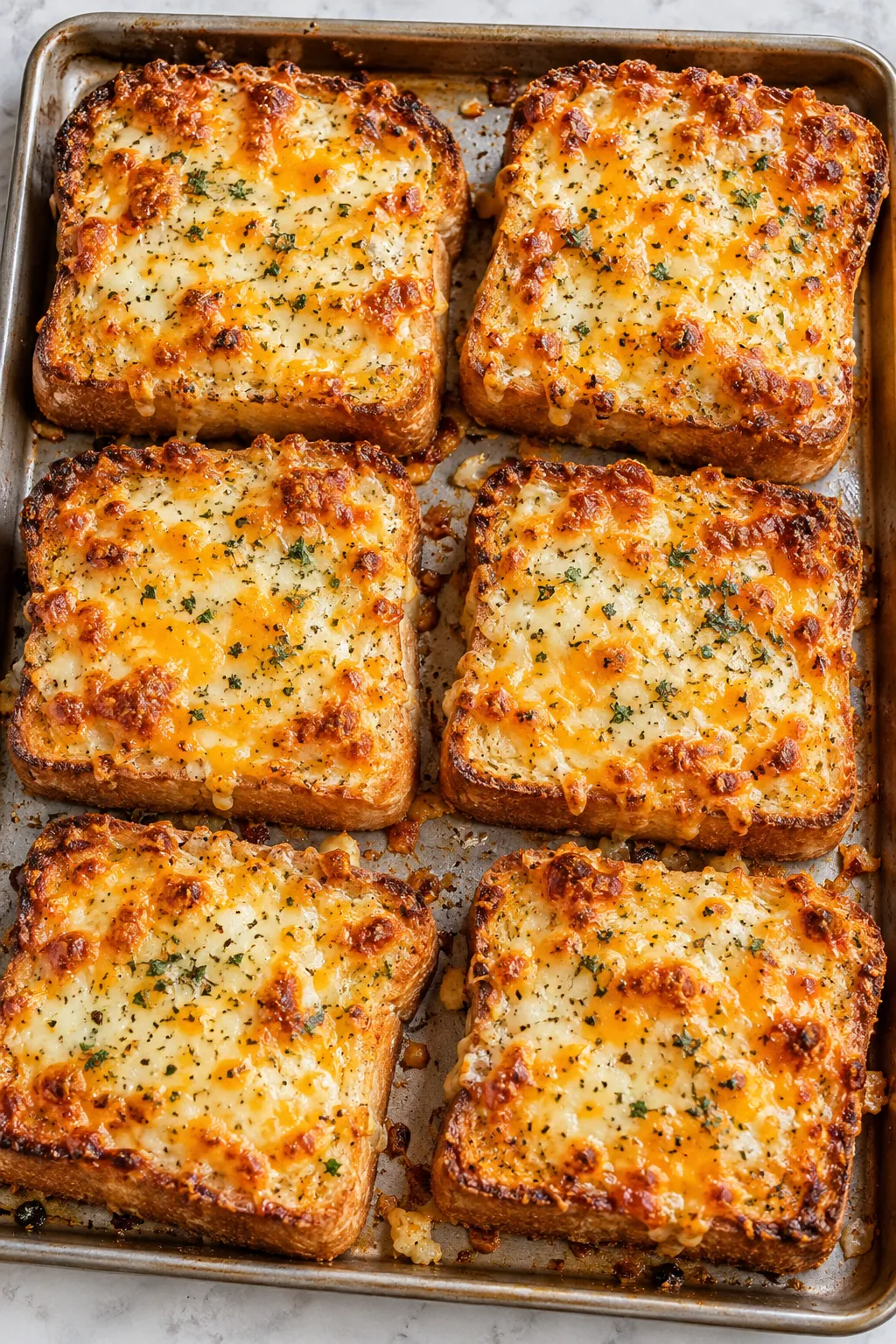 Freshly baked cheesy Texas toast on a sheet pan