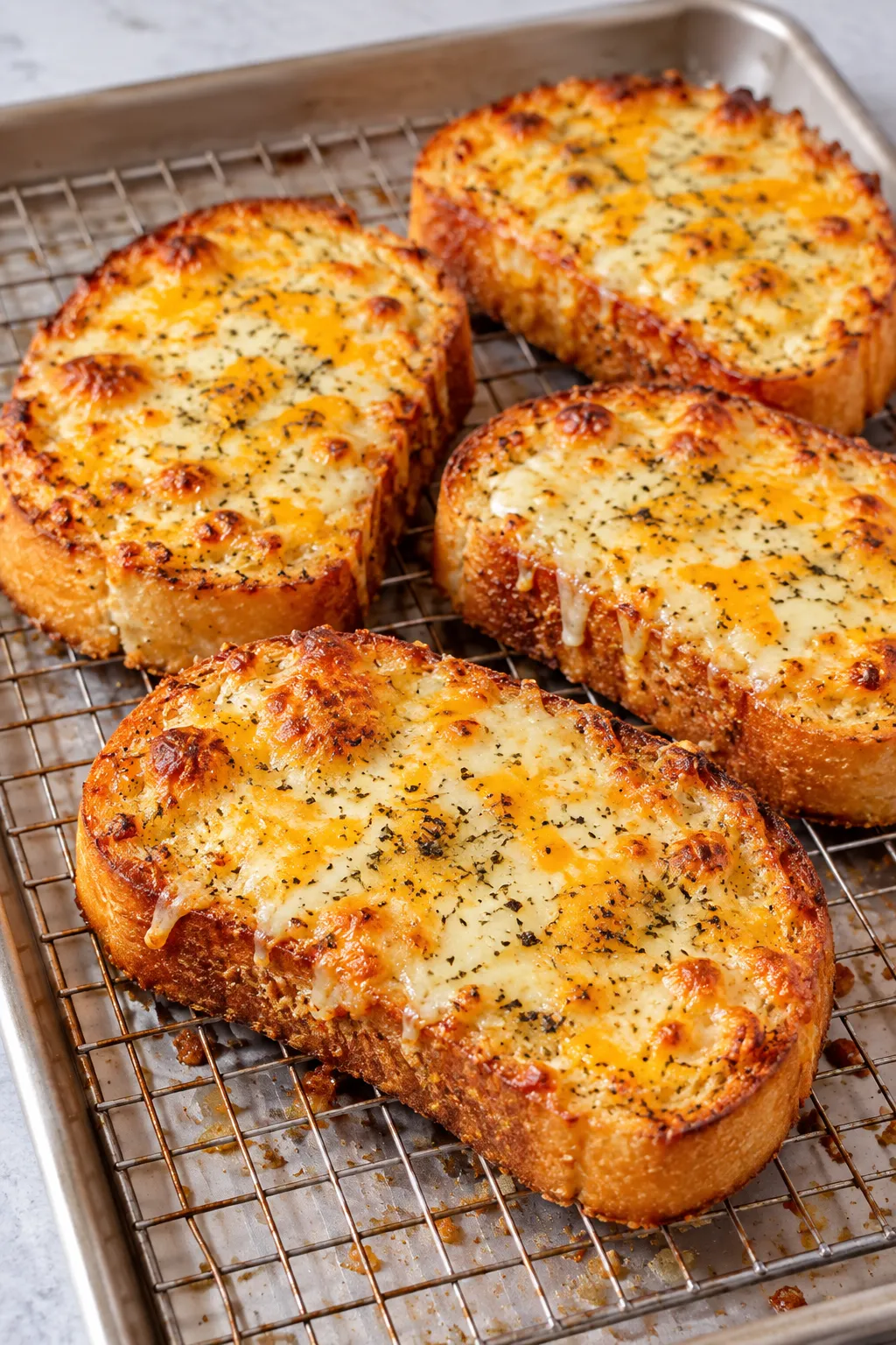 Stacked slices of cheesy Texas toast with browned melted cheese