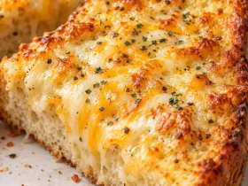 Close-up of golden cheesy Texas toast with garlic butter and herbs